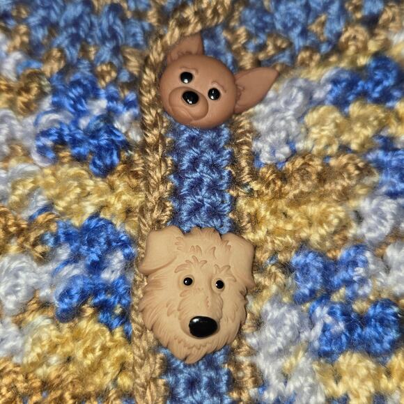 Hand Crochet Baby Sweater & Hat Set 9-12 Month Dog Buttons Poodle Hound Blue New - Picture 4 of 13